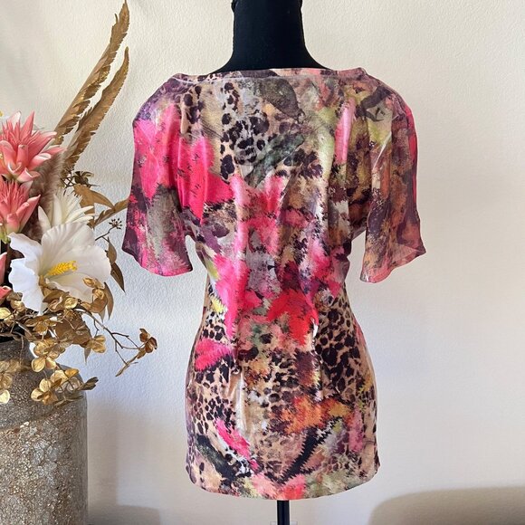 Y2k Floral & Cheetah Print Flowy Pink and Brown Rhinestones Top w Sheer Sleeves - Picture 2 of 10